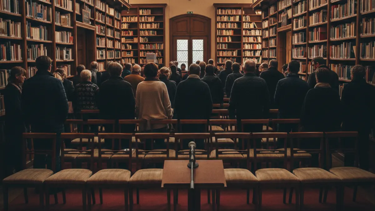 Generic image of a lectern with a microphone in an assembly hall, symbolizing a speech or address.