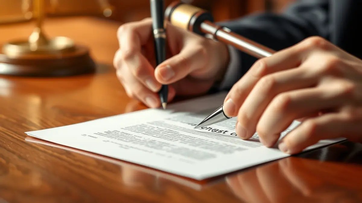 Imagen genérica de un documento legal siendo firmado, con un mazo de juez al fondo.
