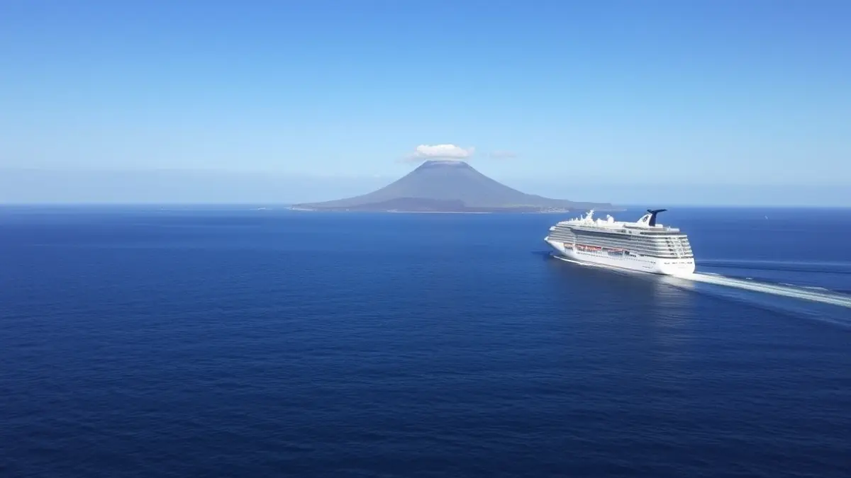 Image of a cruise ship sailing towards a volcanic island, representing the ship's arrival in the Canary Islands.