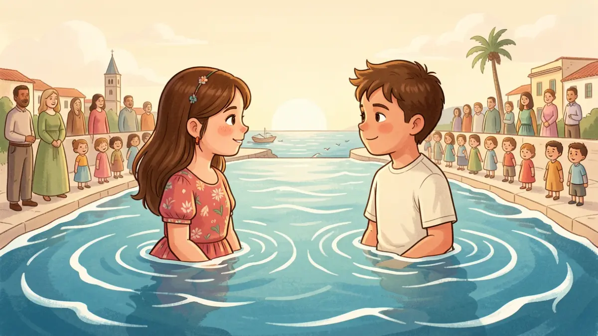 Ilustración de un cuento infantil sobre la amistad entre una niña de Madrid y un niño canario, destacando la insularidad.