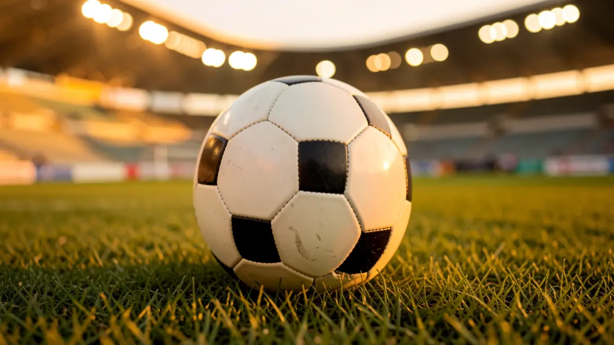 Soccer ball on the stadium grass during sunset.