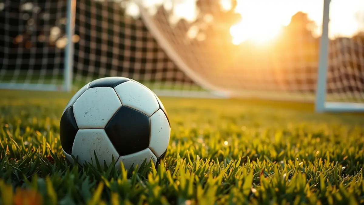 Generic image of a soccer ball on a stadium pitch, with a blurred goal in the background.