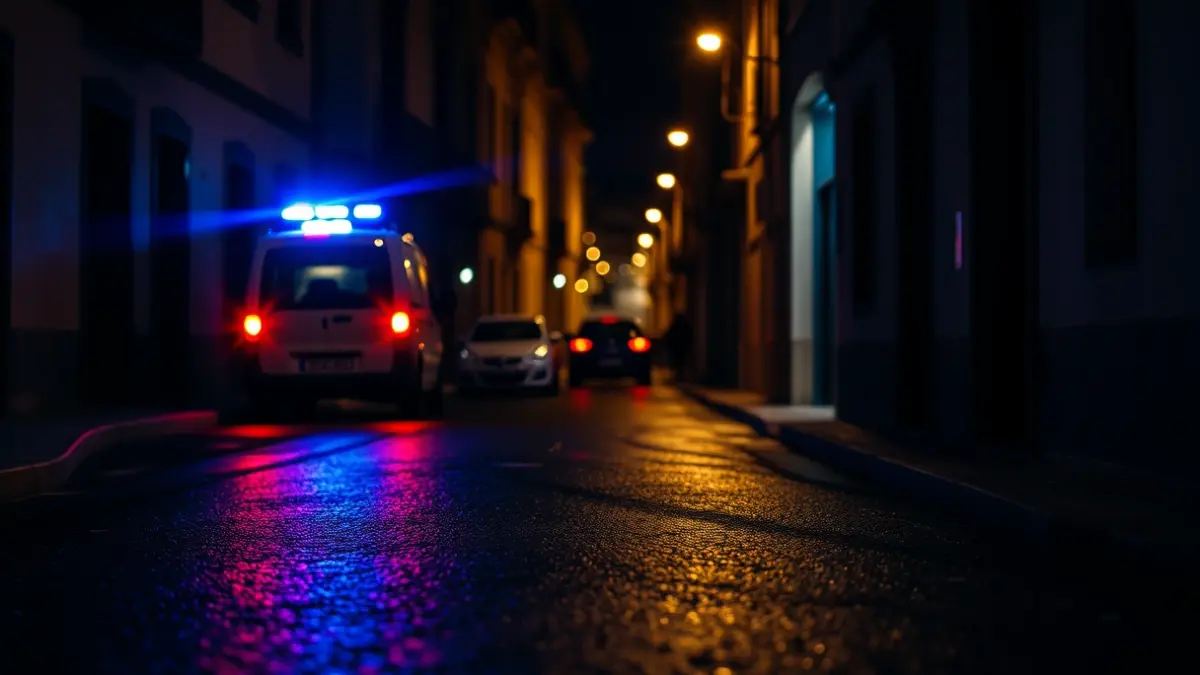 Generic image of emergency lights reflecting on wet asphalt in a narrow street.