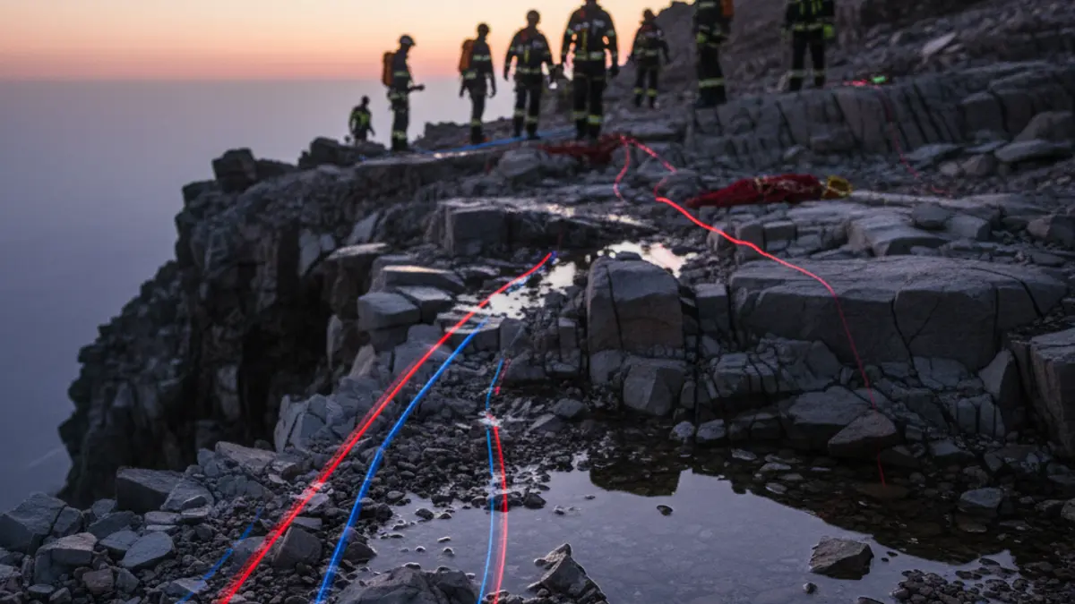 Image of emergency lights reflecting on rocks near a cliff at dawn, with blurred figures of rescue personnel.