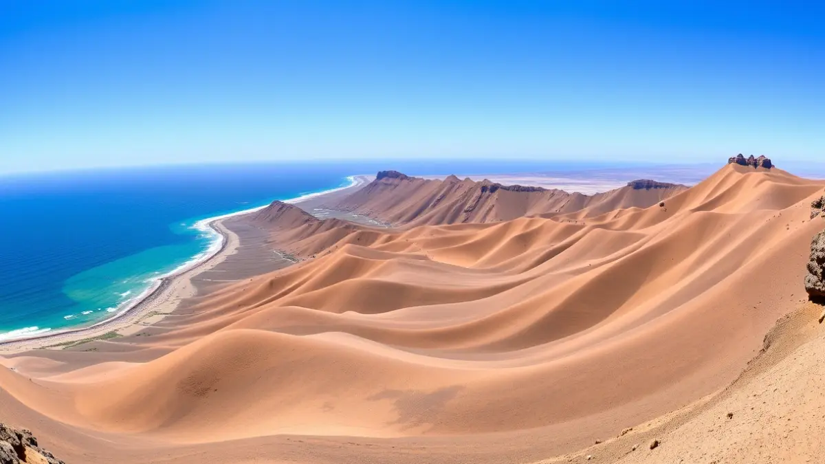 Dunas de Maspalomas en Gran Canaria, con el océano al fondo.