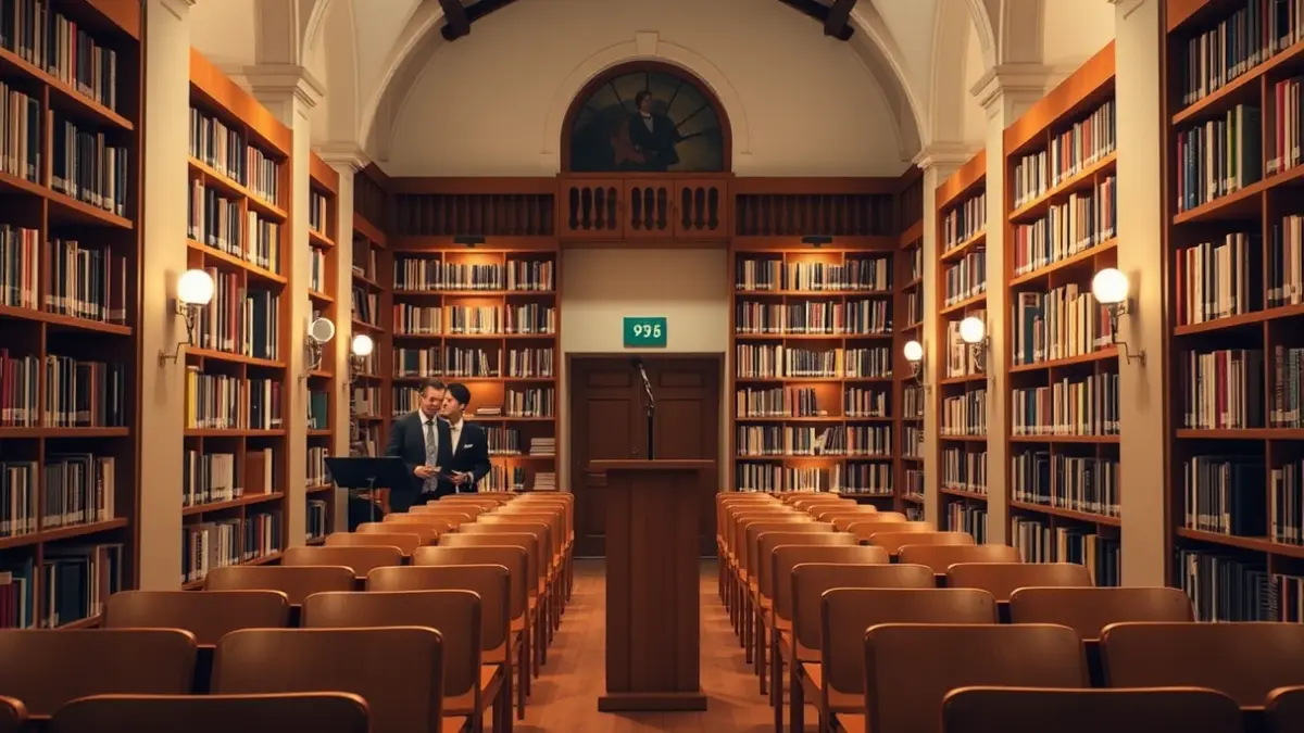 Generic image of a book presentation room with a podium and empty chairs.