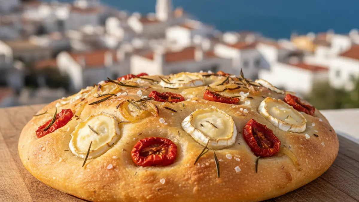 Artisan focaccia with Mediterranean ingredients in a coastal setting.