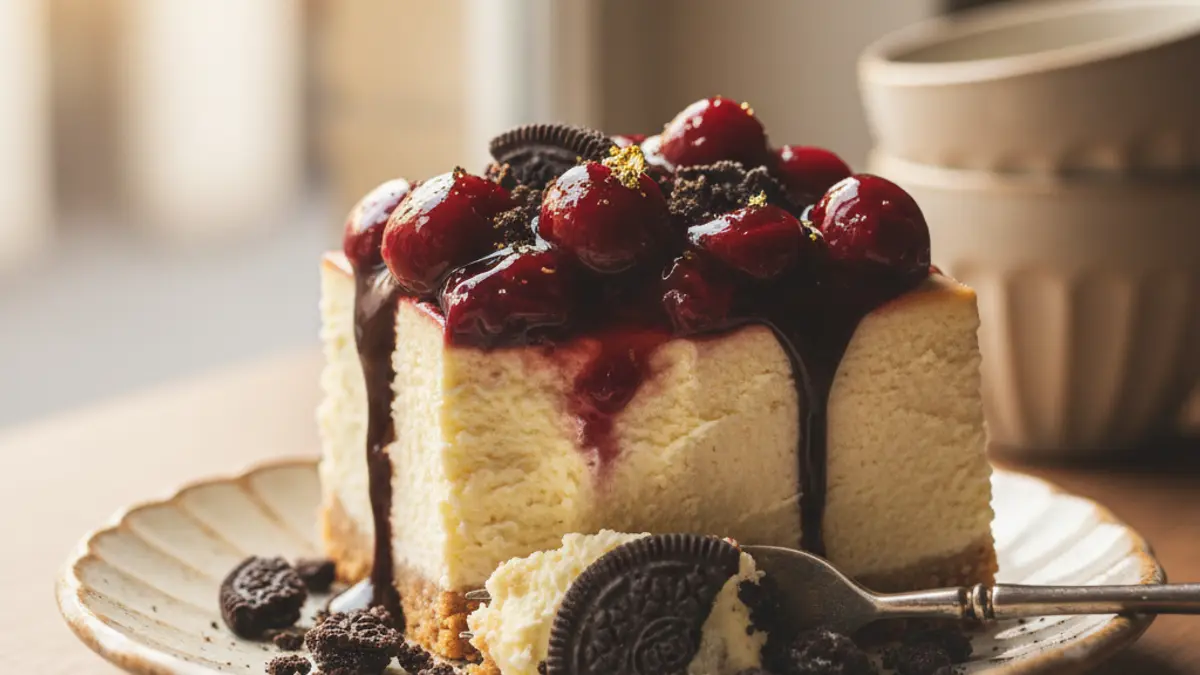 Image of a slice of cheesecake with an original topping, highlighting its creamy texture.