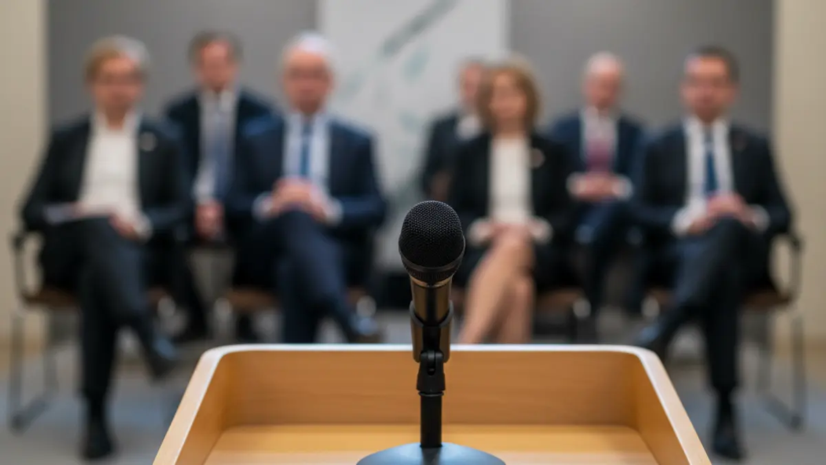 Generic image of a microphone on a podium during a press conference.
