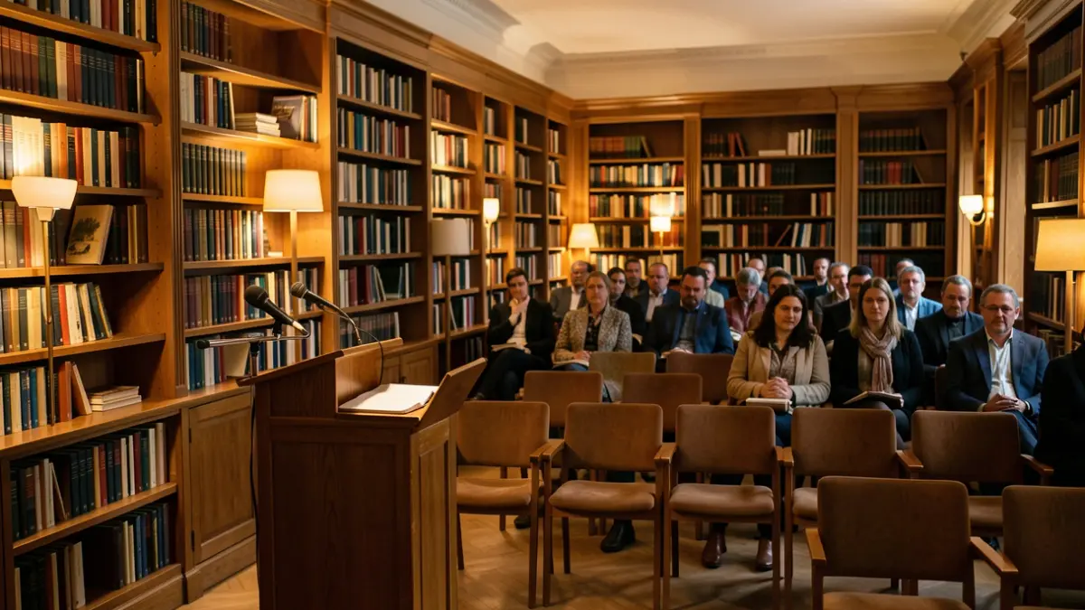 Generic image of a cultural space with a microphone and bookshelves.