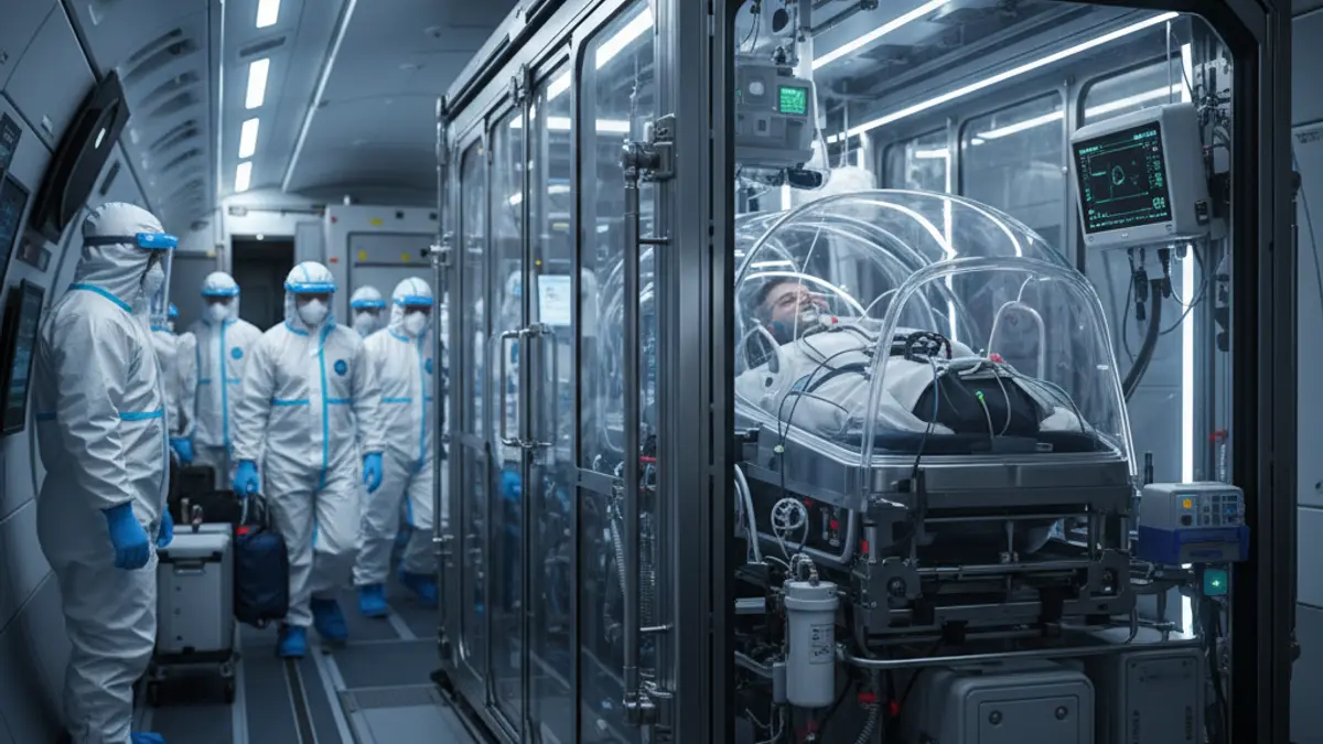 Image of a medical bio-containment unit inside an aircraft.
