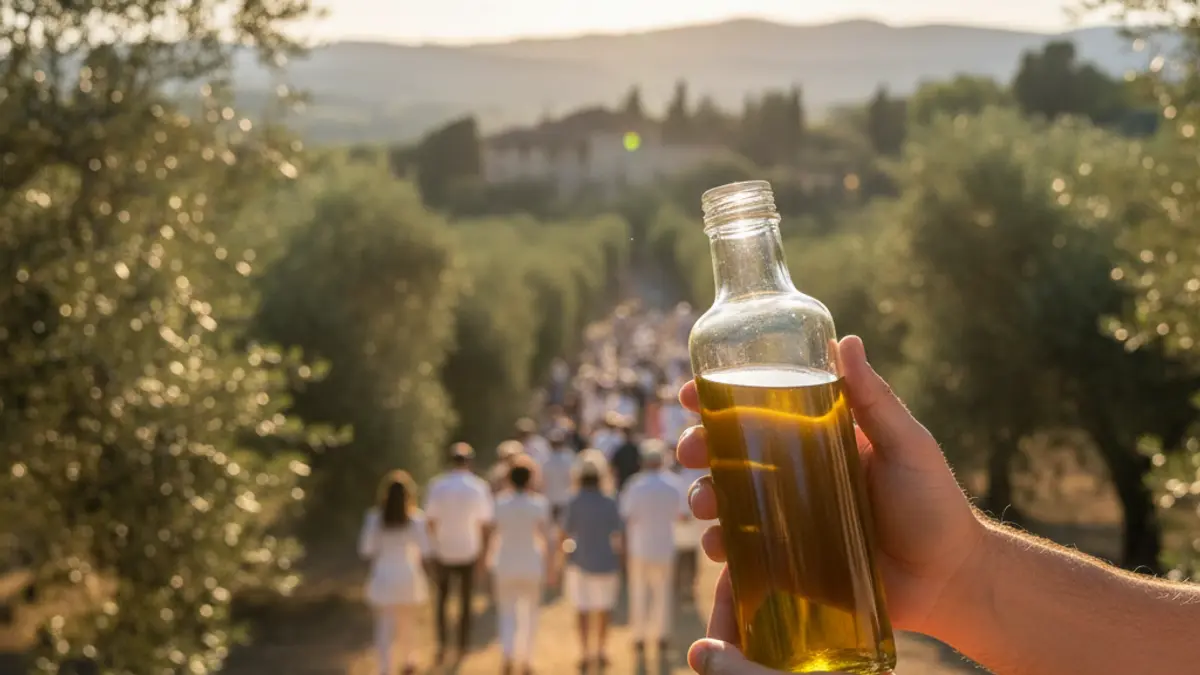 Imagen de una persona sosteniendo una botella de aceite de oliva virgen extra en un olivar.