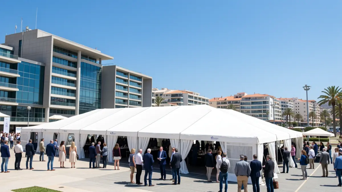 Generic image of an event tent set up near an institutional building in the Canary Islands.
