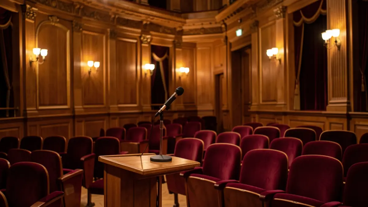 Interior of a historic theater with warm lighting and a stage prepared for a performance.