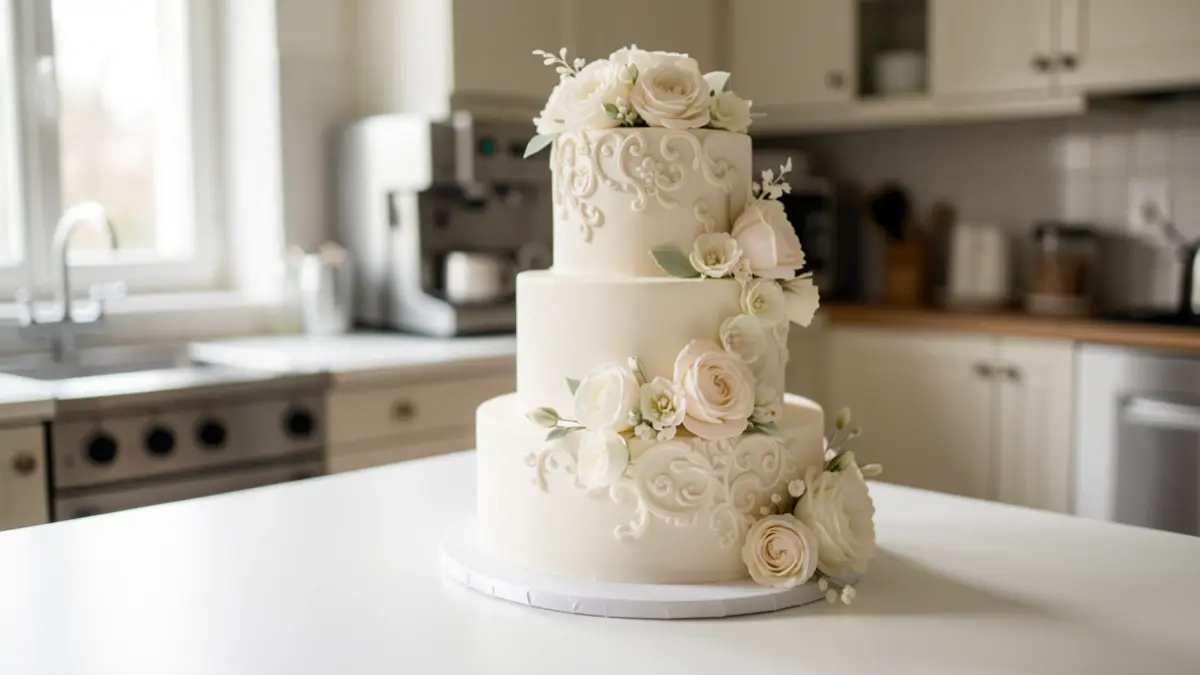 Generic image of an artisanal wedding cake with floral decoration.