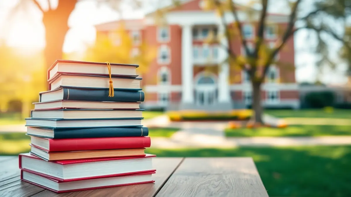 Generic image of academic books on a desk, with a university campus in the background.