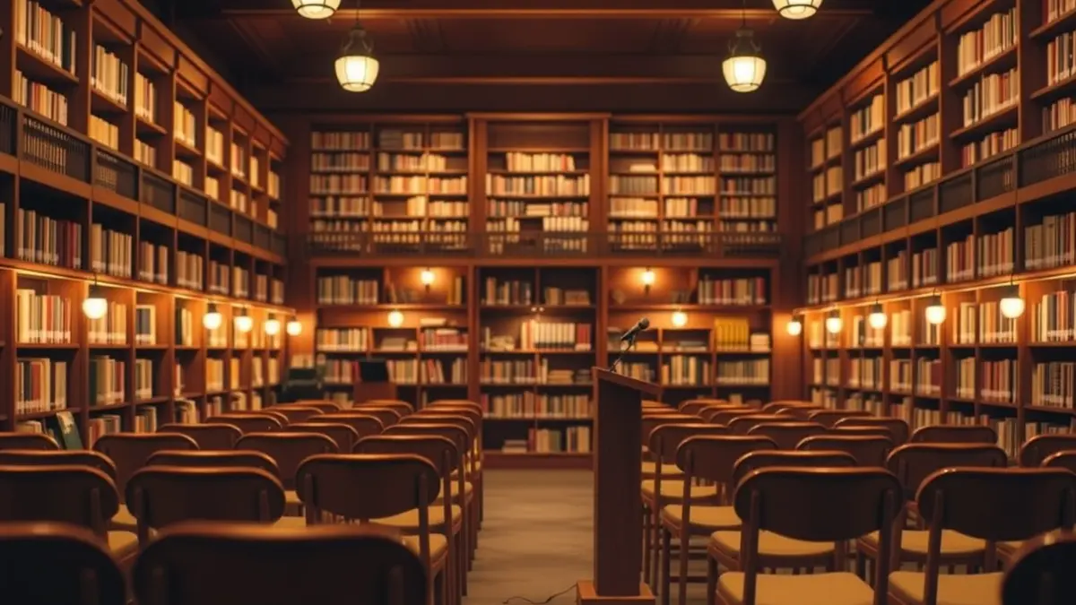 Imagen genérica de un interior de biblioteca o sala de lectura con un micrófono, simbolizando un evento cultural o presentación.