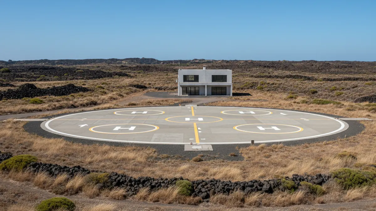 Imagen de una base de helicópteros en una zona árida de Canarias, con varias helisuperficies y un edificio de apoyo.