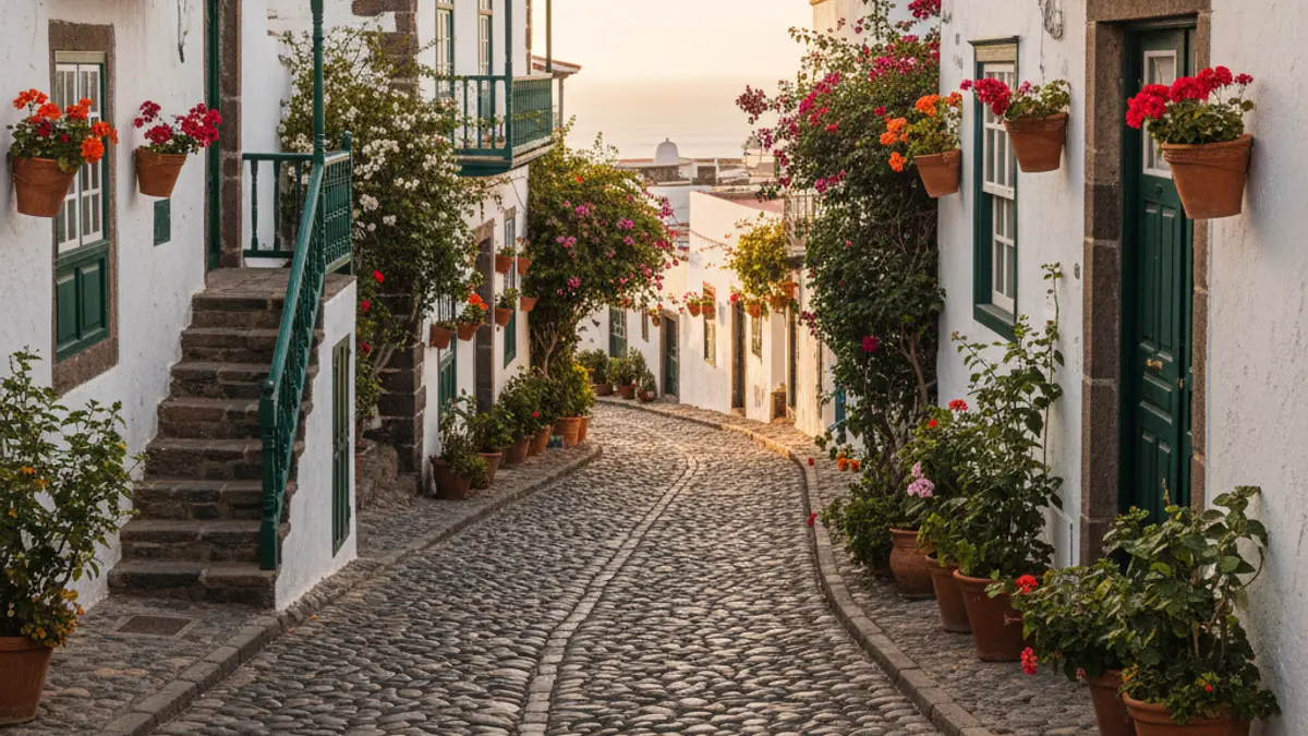Imagen de una calle empedrada en un pueblo tradicional canario, con casas blancas y flores.