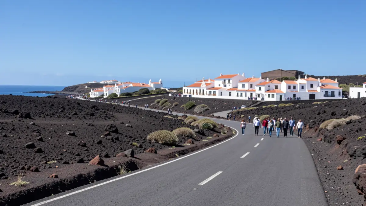 Generic image of a Canarian volcanic landscape with a coastal town.