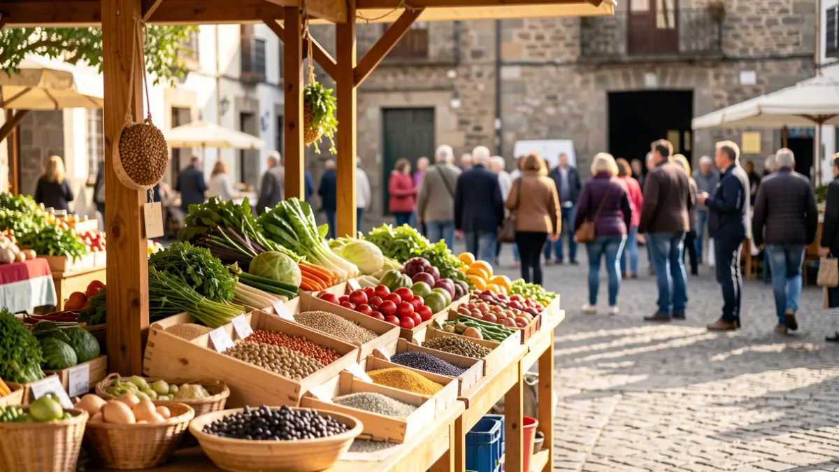 Puestos de mercado con productos locales y semillas tradicionales en una plaza de Vallehermoso.