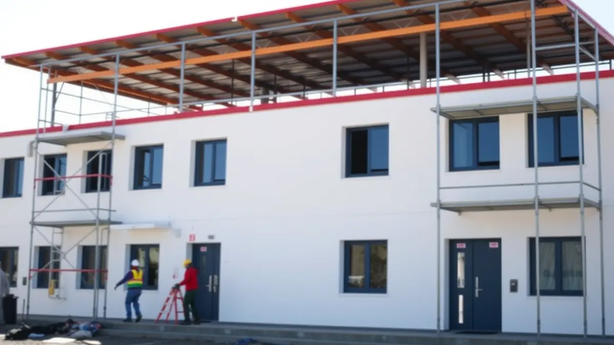 Image of a school building under construction or renovation, with scaffolding and workers.