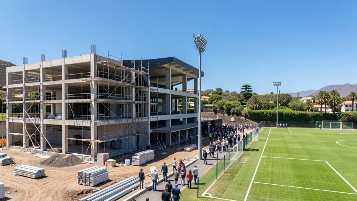 Image of the construction of the new municipal gymnasium in Vallehermoso next to the football field.
