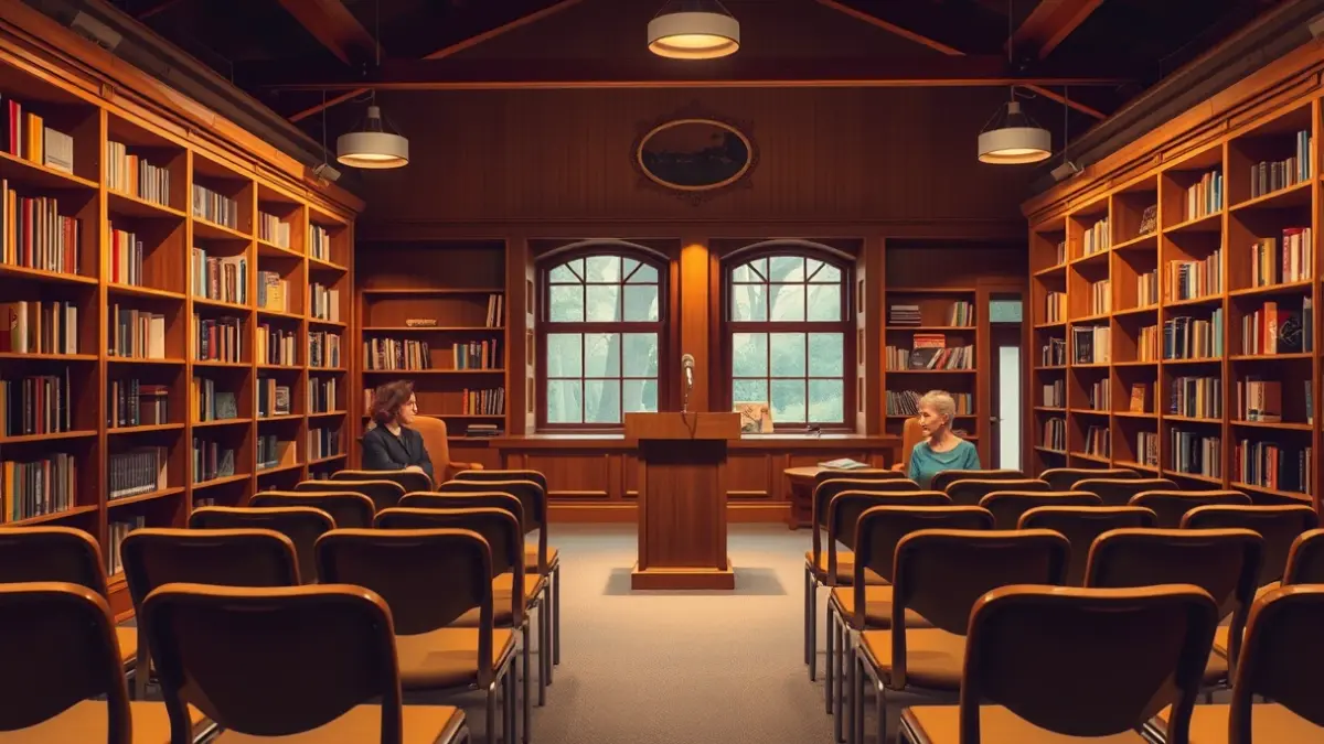 Imagen genérica de una biblioteca con un micrófono y sillas, evocando un evento cultural o de cuentacuentos.