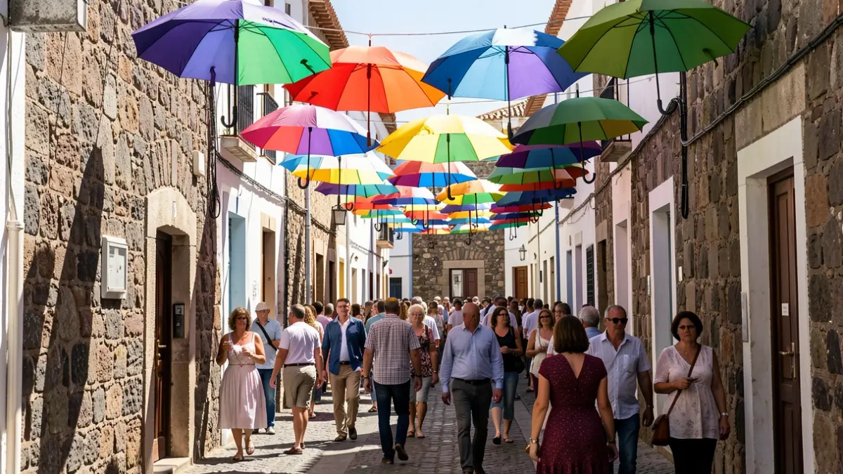 Calle decorada con paraguas de colores en Valleseco durante las fiestas locales.