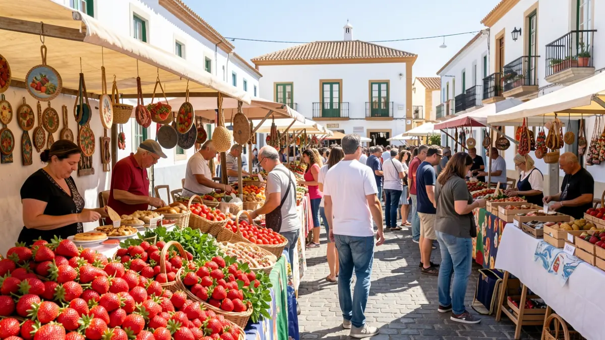Generic image of the Strawberry Fair in Valsequillo, Gran Canaria, showing sales stalls and people enjoying the event.