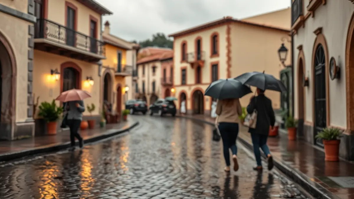 Image of a street in Valsequillo de Gran Canaria with cloudy weather and possible rain.