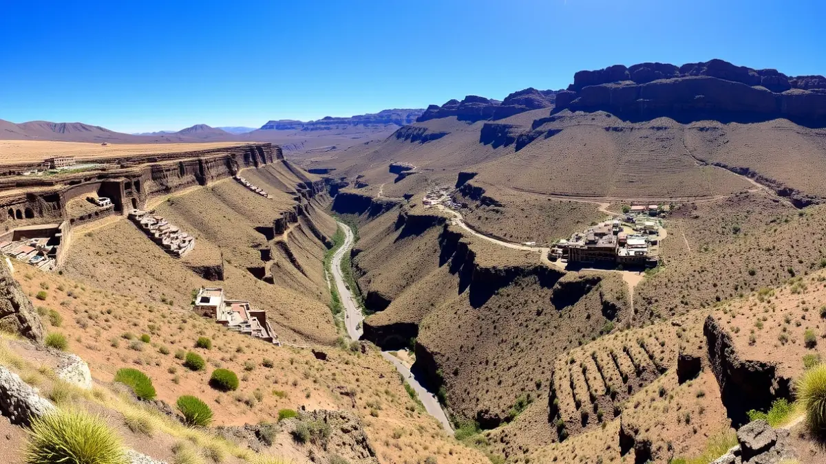 Vista panorámica del Barranco de Guayadeque, mostrando el paisaje volcánico y las casas cueva.