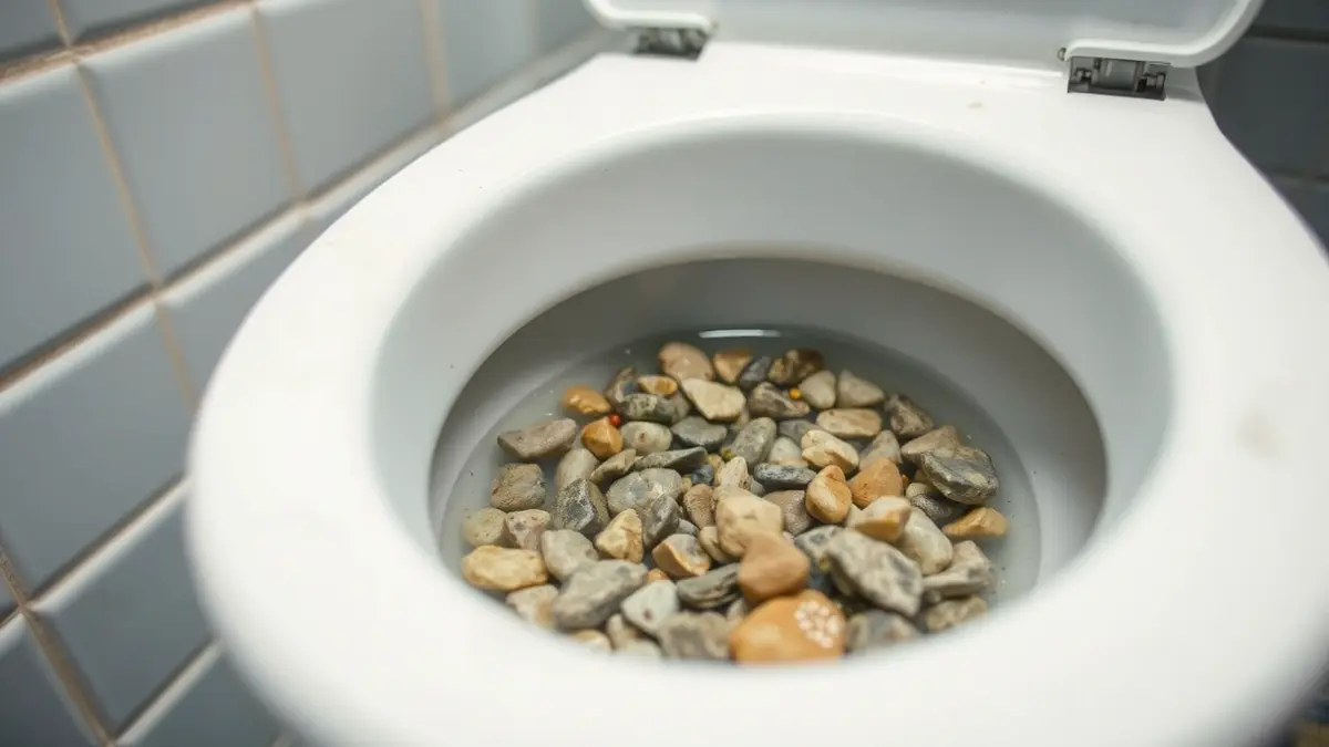 Image of a public restroom vandalized with stones inside.