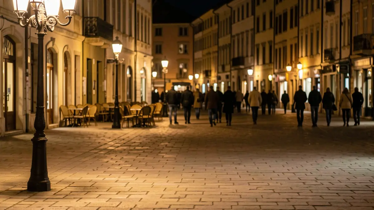 Generic image of a deserted urban square at night with warm lighting.
