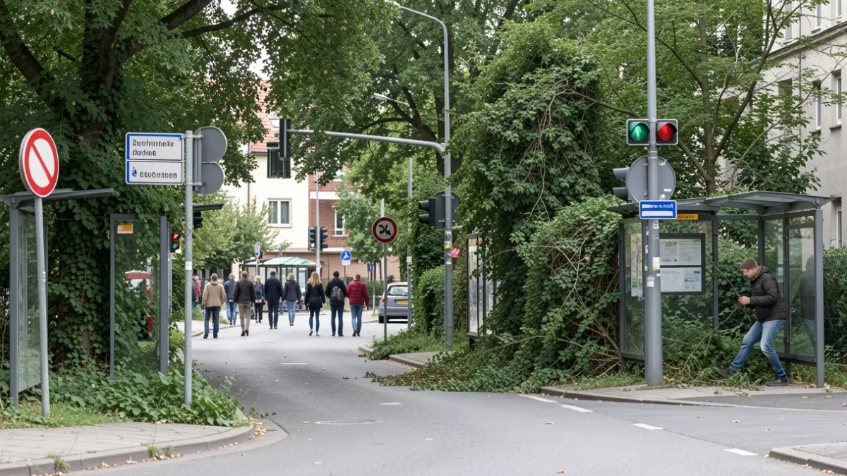 Image of a street in Jinámar with neglected vegetation obscuring signs and hindering access to bus stops.