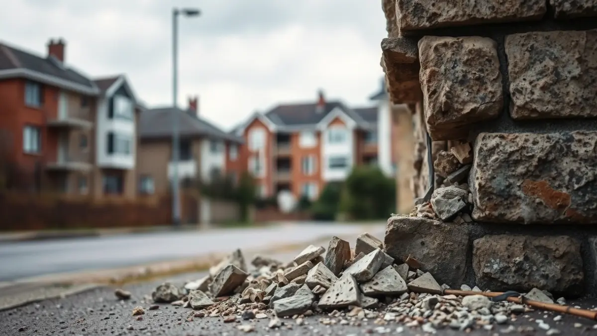 Image of a collapsed wall in a residential street, with debris and unstable ground.