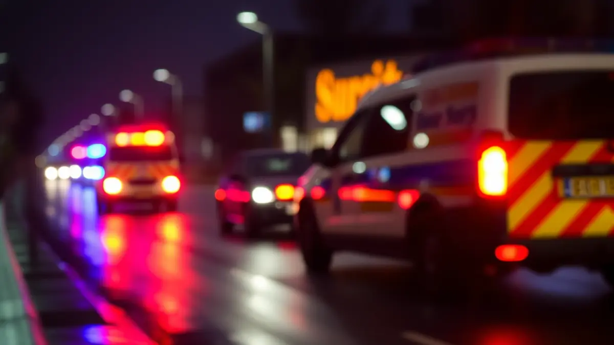 Generic image of emergency lights reflecting on a wet street at night, with a blurred supermarket facade in the background.