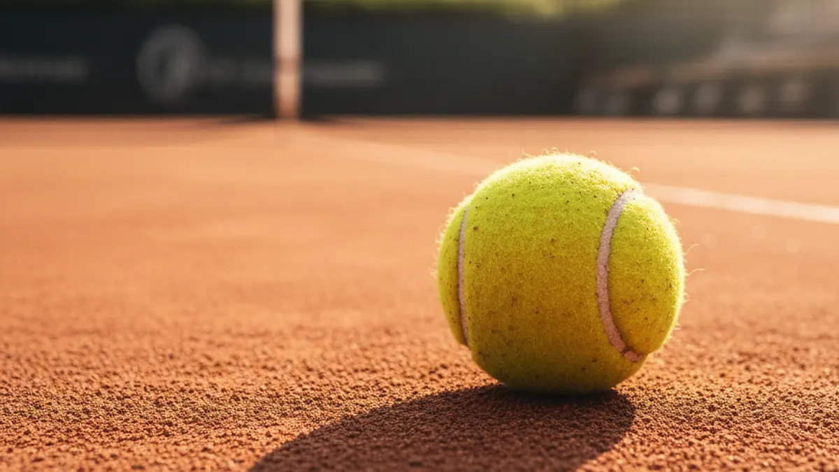 Imagen genérica de una pelota de tenis en una cancha de tierra batida.
