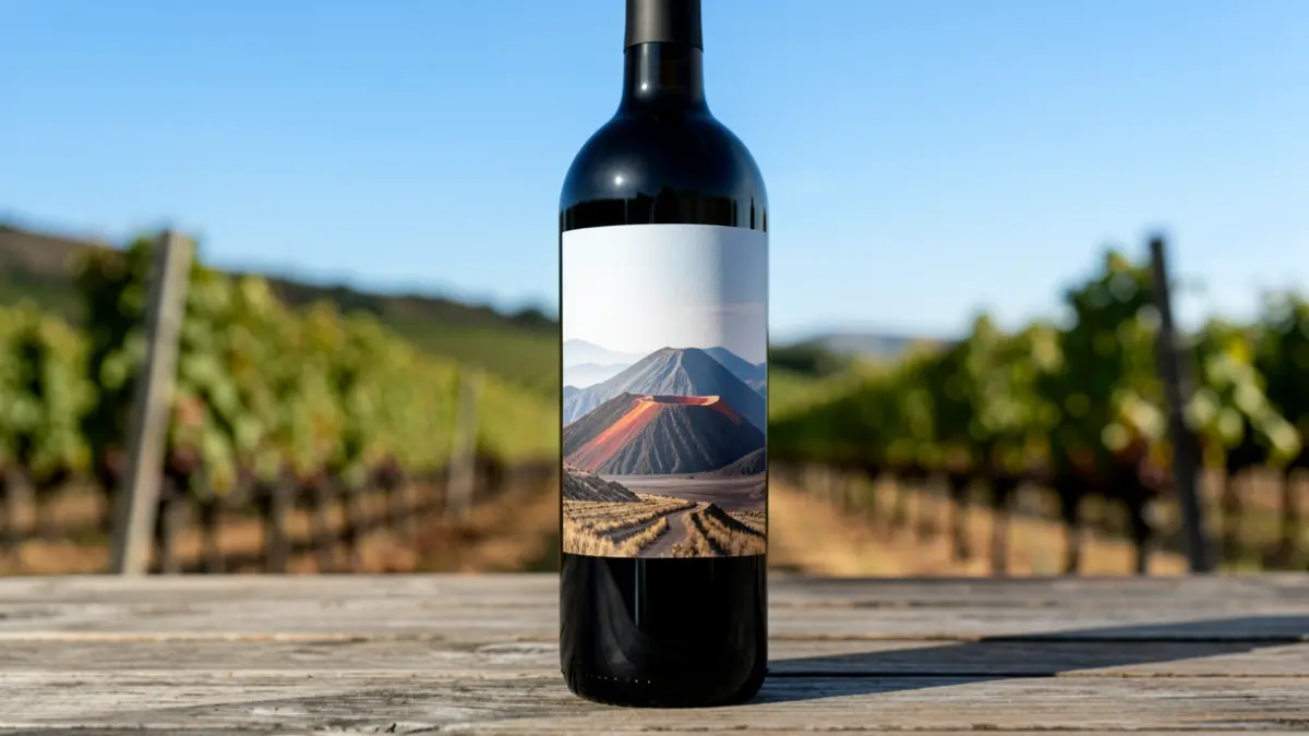 Canary wine bottle with volcanic landscape label on a wooden table, with a blurred vineyard in the background.