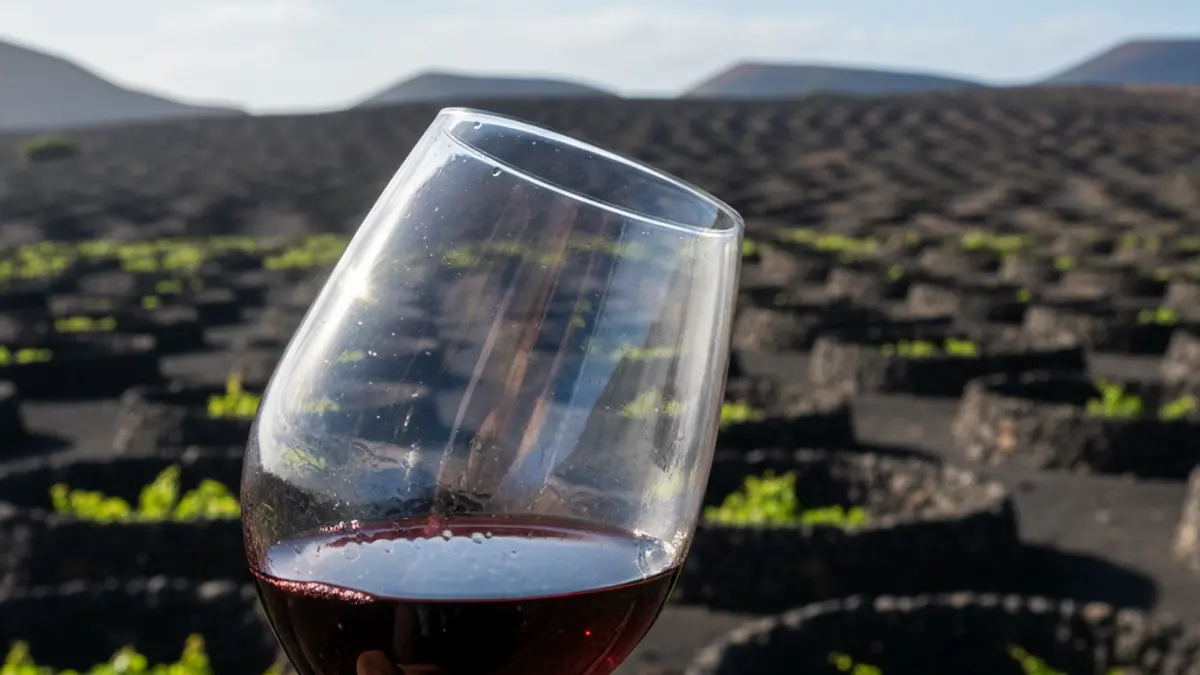 Copa de vino tinto con viñedos volcánicos de Lanzarote de fondo.
