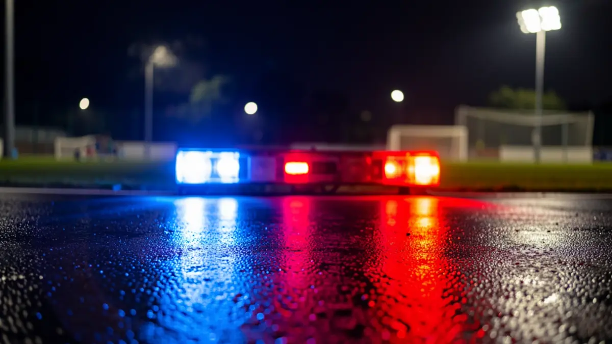 Generic image of police emergency lights reflecting on wet asphalt at night.