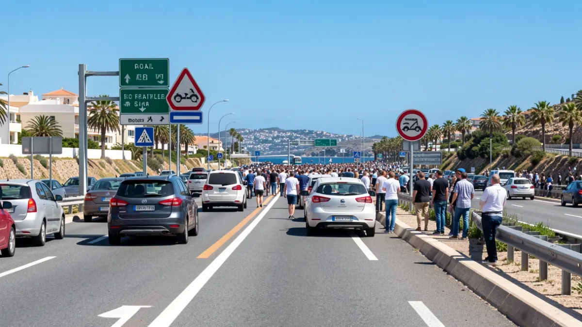 Generic image of a highway with diversion signs and people waiting.