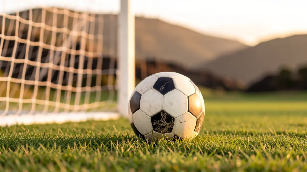 Generic image of a soccer ball on grass with the net in the background.