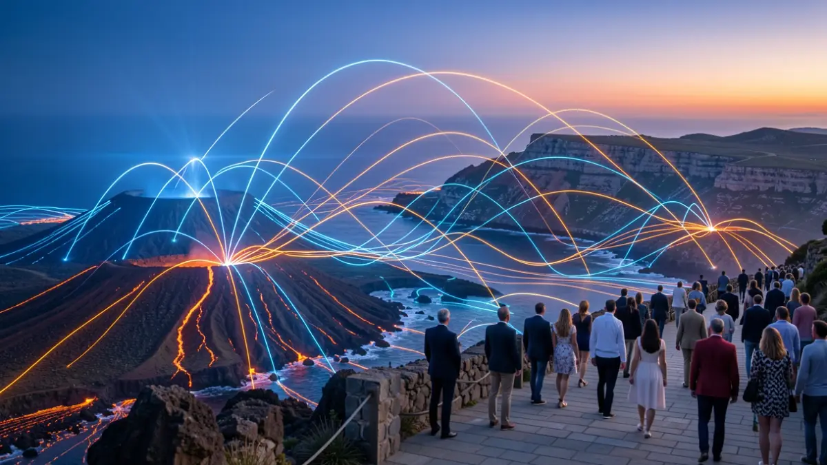 Imagen abstracta de transformación digital y tecnología 5G en Canarias con elementos de paisaje volcánico y líneas de red brillantes.