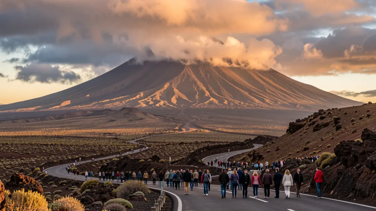 Volcanic landscape of Tenerife with Teide and a road.