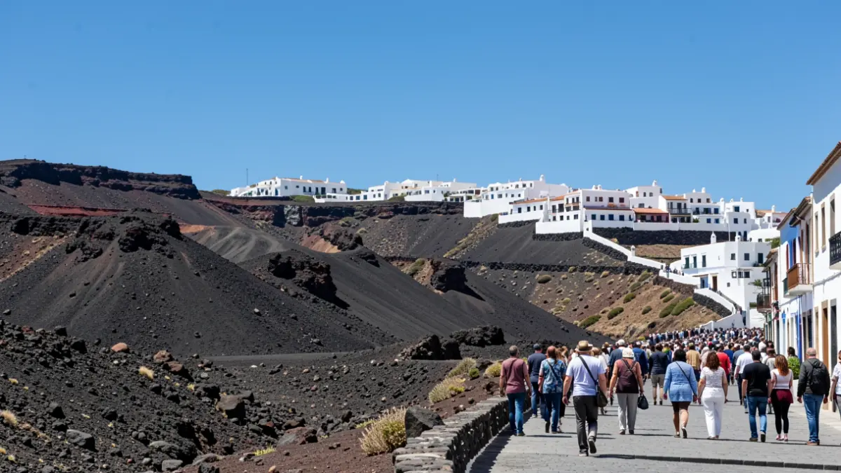 Imagen genérica de un paisaje volcánico canario con arquitectura tradicional.