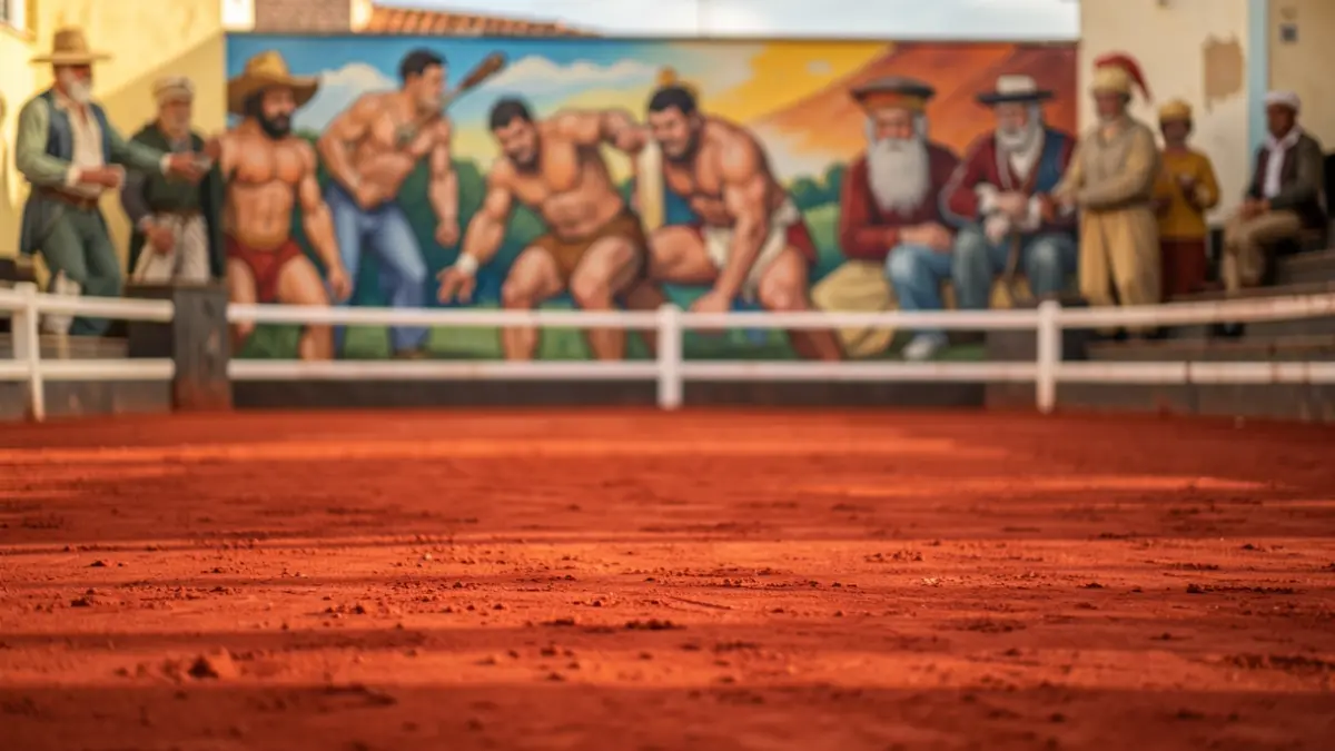Imagen de un terrero de lucha canaria con un mural artístico.