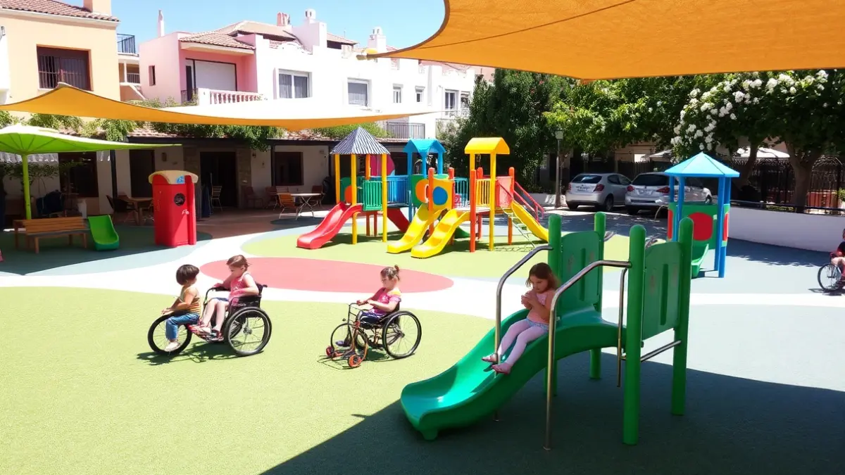 Imagen de un parque infantil inclusivo con zonas de sombra y elementos accesibles.