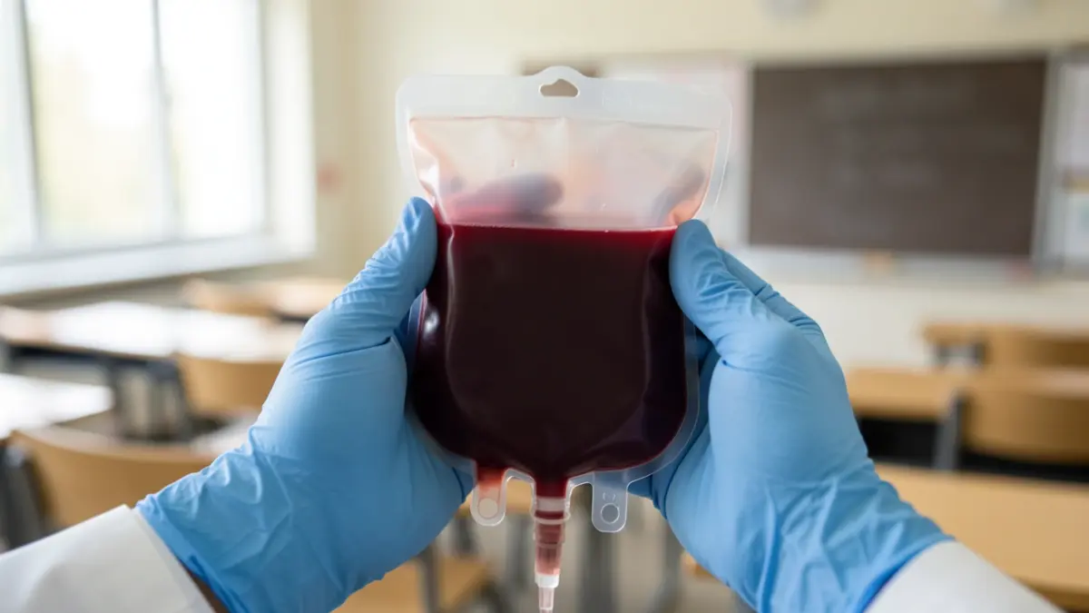 Bolsa de sangre en un entorno educativo.