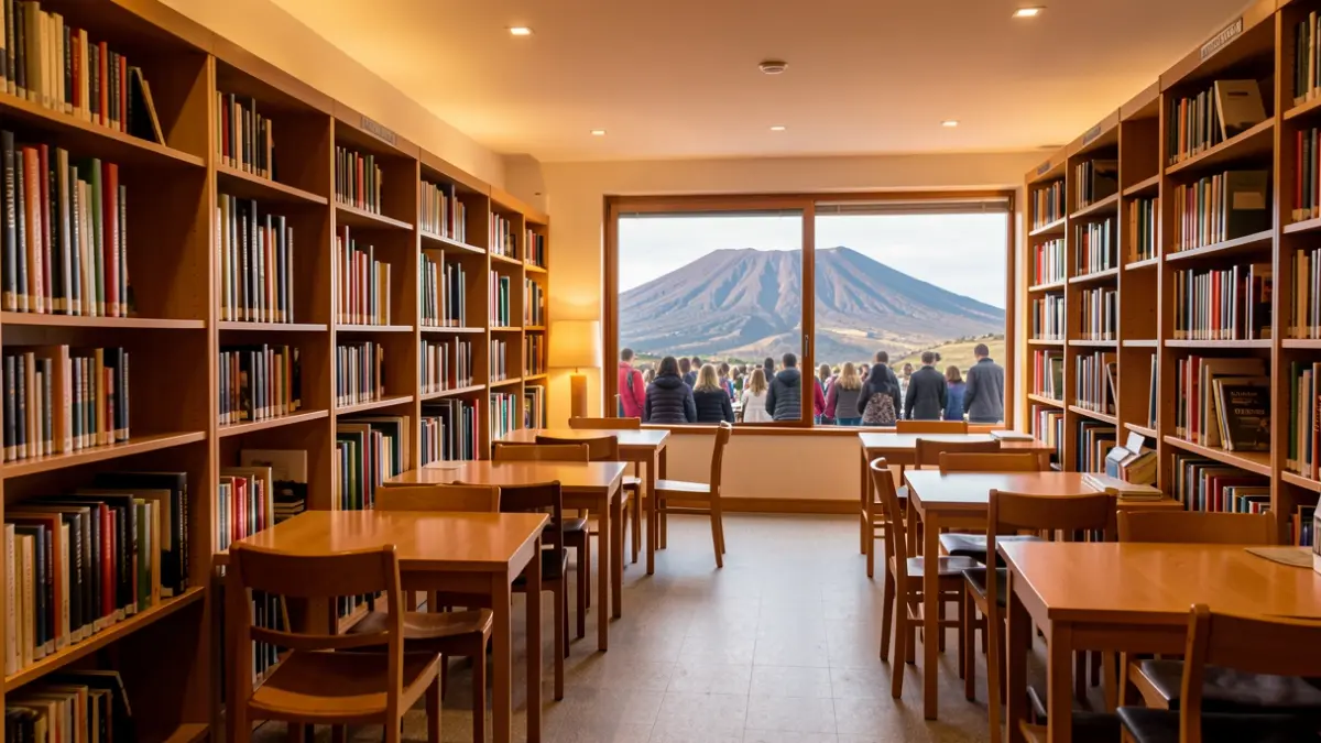 Imagen genérica del interior de una biblioteca pública en Canarias con estanterías y mesas, luz cálida.